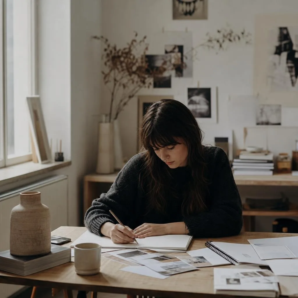 A bright creative studio with prints pinned to the wall