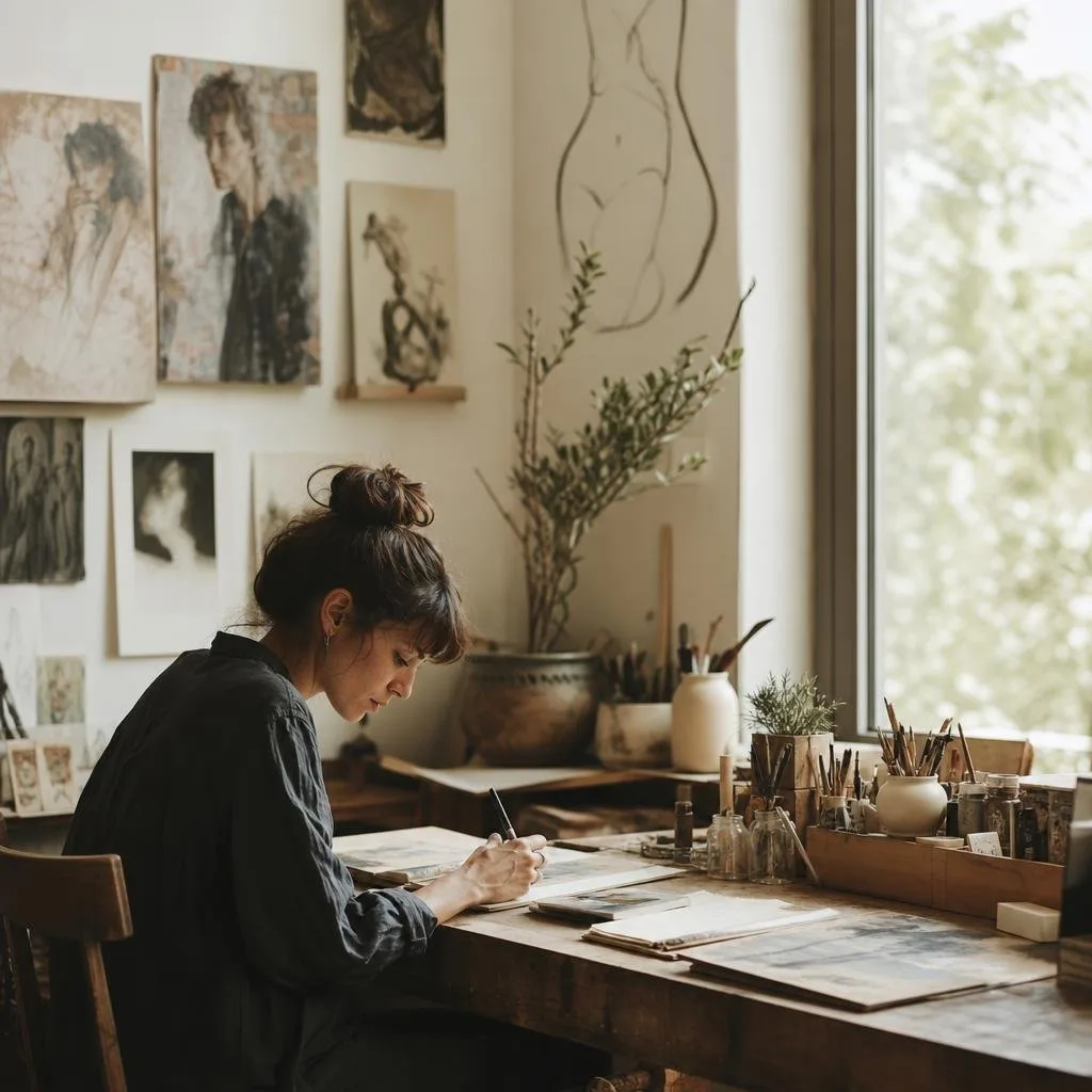 A bright, art-filled corner of a home studio